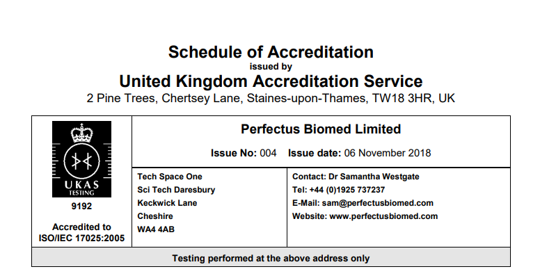 UKAS Testing schedule of Accreditation Issued to Perfectus biomed